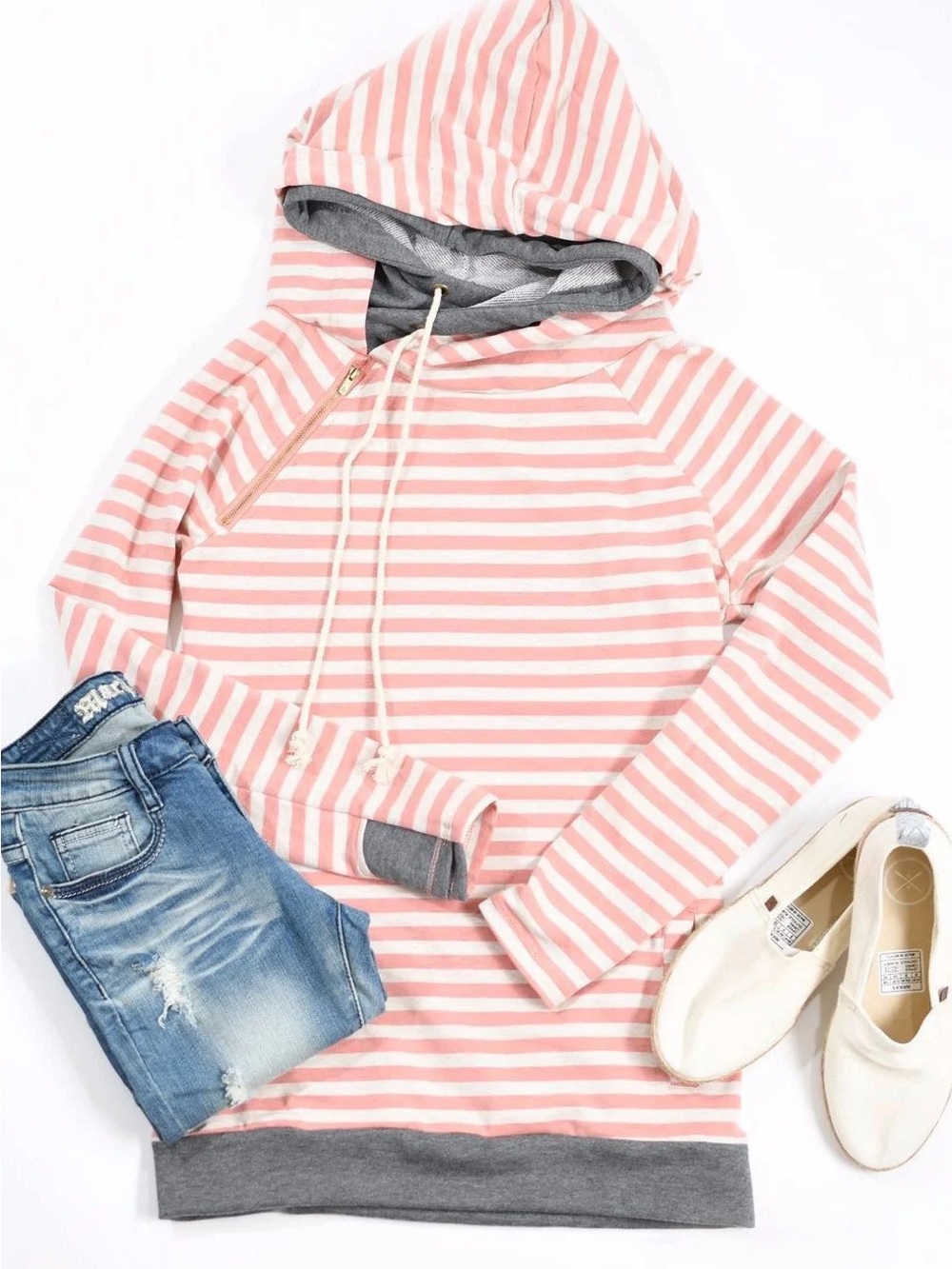 AMPERSAND AVE Pink and White Striped Hoodie